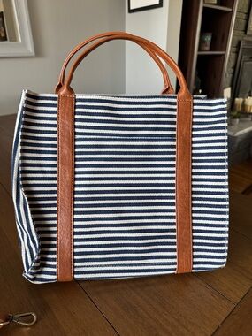 Navy & White Striped Tote with Tan Handles